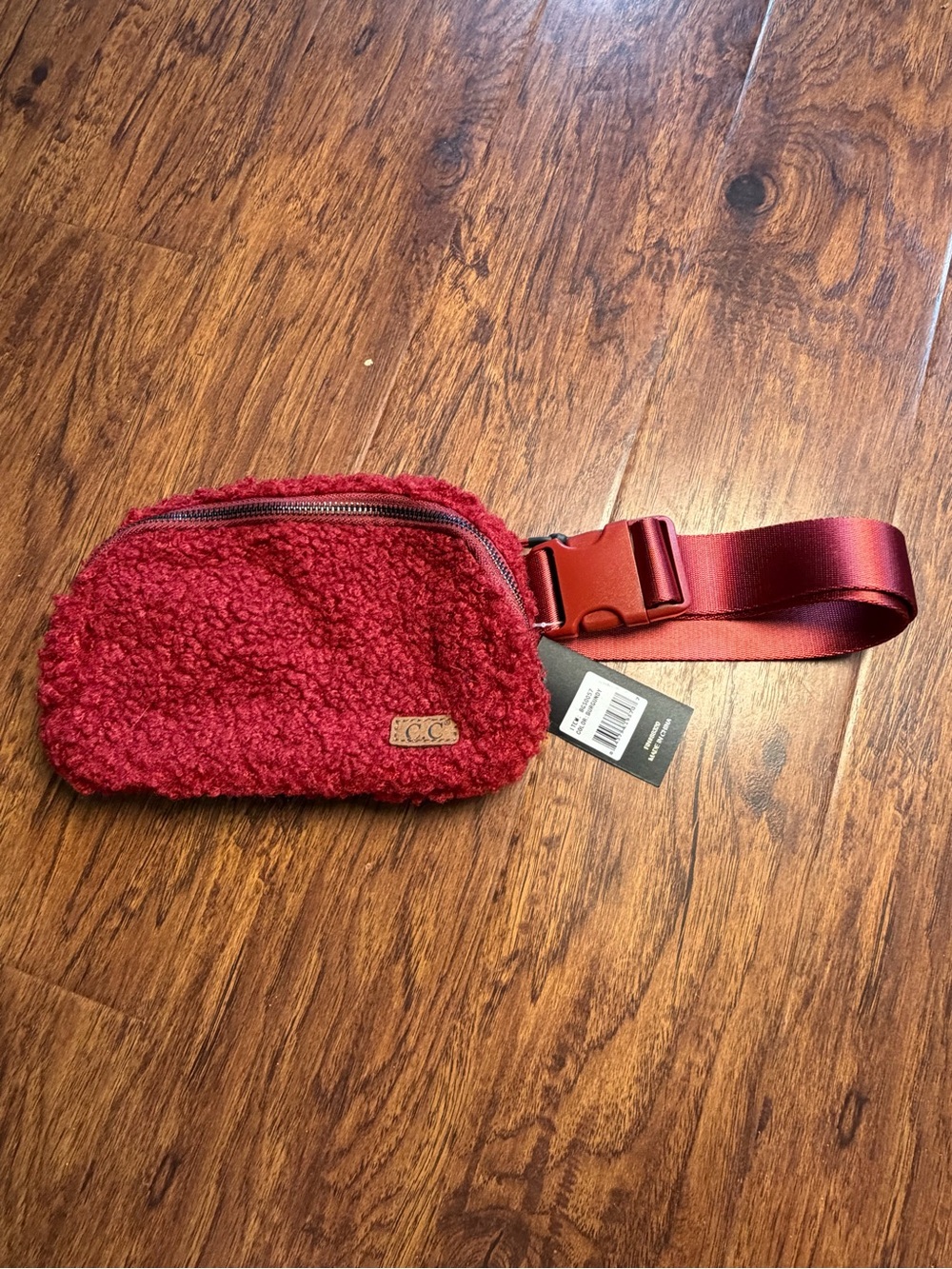 C.C Burgundy Sherpa Mini Waist Bag with Satin Strap
